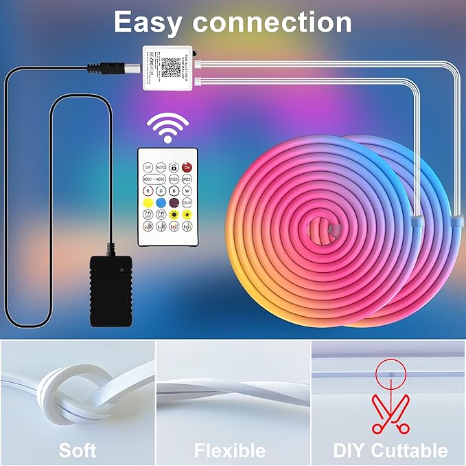 Cozylady 100Ft (50Ft * 2 Rolls) RGB LED Neon Rope Lights for Bedroom, 30m LED Strip Lamp with Double Sided Adhesive Tape, App/Remote Control DIY Lights Decorate The Outdoor and Indoor of Your Home