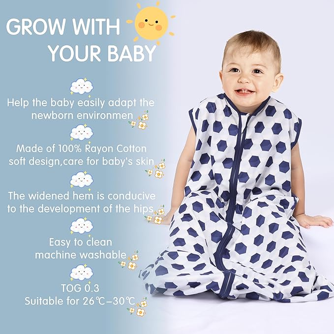 3 Pack Baby Sleep Sack 100% Rayon Cotton Baby Sleeping Bag 2-Way Zipper Toddler Wearable Blankets TOG 0.3. (Soccer&Triangles&Blue, 0-6 Months)