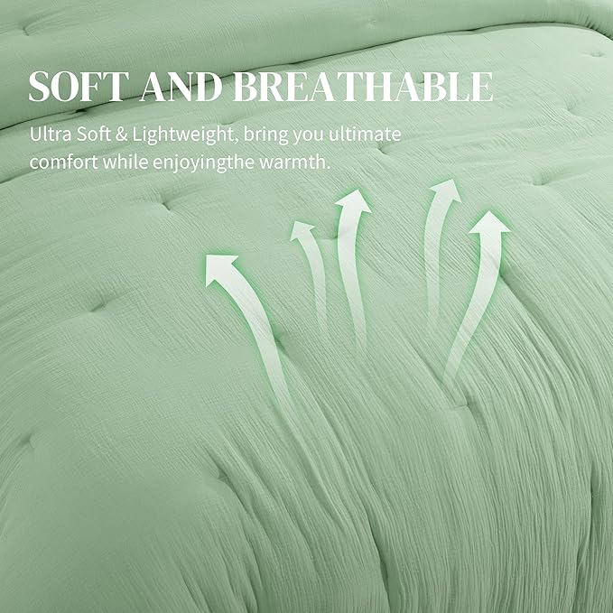 HOMBYS 100% Cotton Muslin Comforter Oversized King 120x120, Lightweight and Breathable Down Alternative Comforter,Soft Gauze Summer Sage Green Reversible Fluffy Duvet Insert