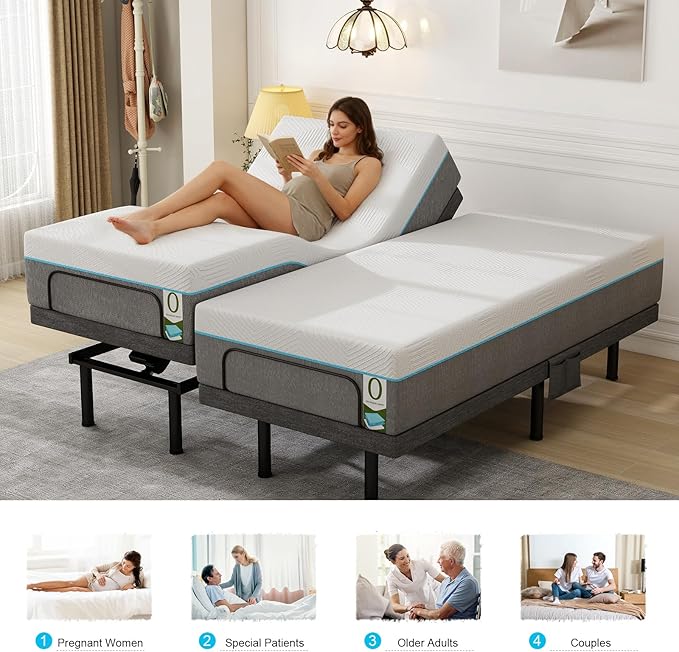 Vipbear Split King Adjustable Bed Base - Dual Motor Bed Frame with Wireless Remote, Zero Gravity/Anti-Snore/TV Mode, Under-Bed LED Light & 4 USB Ports, 3-Height Adjustable Legs