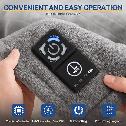 Sealy Heated Blanket Throw with Built-in Button Controller, Reversible Flannel to Sherpa Electric Blanket with 2-10 Hours Auto-Off & 4 Heating Levels, Over-Heat Protection, 50x60 inch, Light Grey