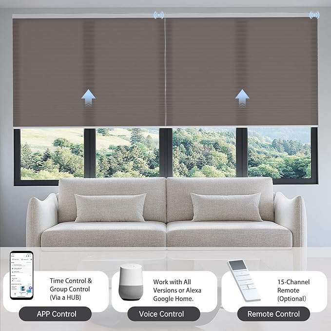 Motorized Cellular Shades with Remote, Light Filtering Smart Cellular Shades Compatible with Alexa, Honeycomb Window Blinds for Bedroom Home Office, Custom Size, Half Shading Golden Brown