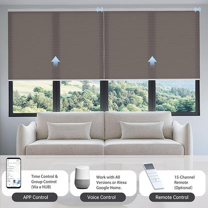 Motorized Cellular Shades with Remote, Light Filtering Smart Cellular Shades Compatible with Alexa, Honeycomb Window Blinds for Bedroom Home Office, Custom Size, Half Shading Golden Brown
