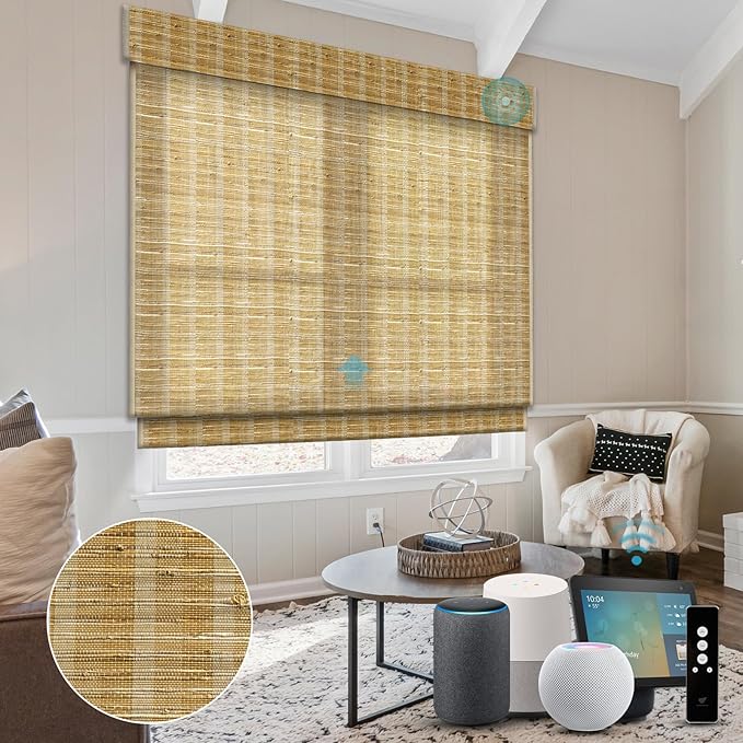 SmartWings Motorized Natural Woven Wood Shades for Windows, Electric Roman Shades with Remote for Bedroom Living Room, Work with Matter Zigbee Alexa Z-Wave Google Home, Customized, Bamboo Jute 903
