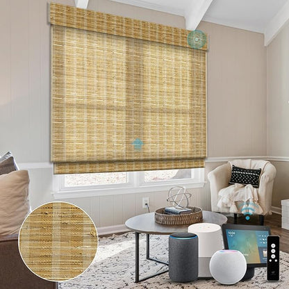 SmartWings Motorized Natural Woven Wood Shades for Windows, Electric Roman Shades with Remote for Bedroom Living Room, Work with Matter Zigbee Alexa Z-Wave Google Home, Customized, Bamboo Jute 903