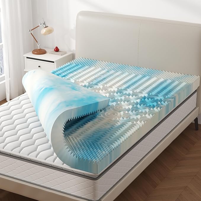 NEWBULIG Memory Foam Mattress Topper, King 4 Inch 5-Zone Egg Crate Bed Toppers, Cooling Gel Infused Foam Mattress Topper Pad for Pressure Relief, CertiPUR-US Certified, Blue
