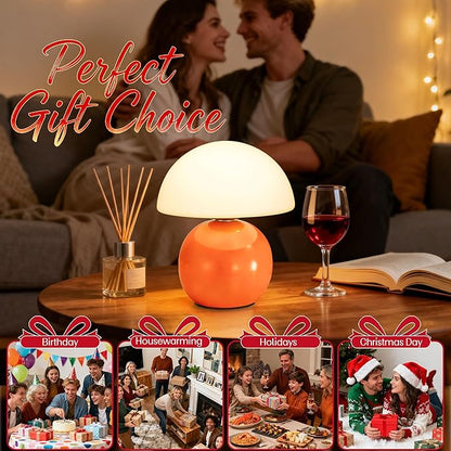 Small Mushroom Lamp,USB-Plug in Bedside Table Lamps with 3-Temperature LED Bulb Dimmable,Unique Cute Aesthetic Home Decor for Living Room,Bedroom, Modern Ceramic Base Glass Lamp(Orange)