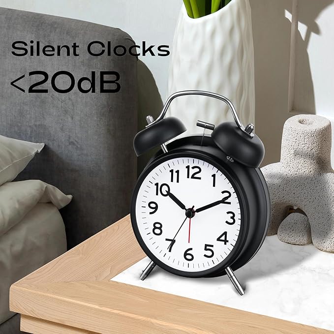 AKCISOT Loud Alarm Clock for Heavy Deep Sleepers, 4.5 Inches Analog Metal Twin Bell Clocks Battery Operated with Backlight for Bedroom Bseide, Old Fashioned for Desk Home Decoration (Black White)