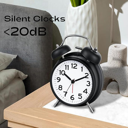 AKCISOT Loud Alarm Clock for Heavy Deep Sleepers, 4.5 Inches Analog Metal Twin Bell Clocks Battery Operated with Backlight for Bedroom Bseide, Old Fashioned for Desk Home Decoration (Black White)
