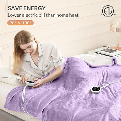 HOMLYNS LuxeHeat Heated Blanket Electric Blanket King Size, Soft Flannel Sherpa Heating Blanket with 10 Heat Settings, 1-10 hrs Timer Auto Shut Off (90x100 inches, Purple)