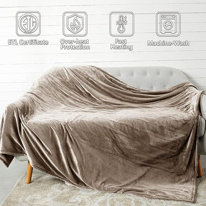Tefici Electric Heated Blanket Queen Size, Dual Control Super Cozy Soft 2-Layer Flannel 84" x90" Heating Blanket with 3 Heat Levels & 8 Hours Auto Off,ETL&FCC Certified,Home Office Use,Camel