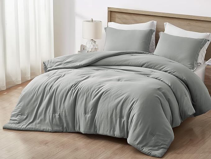 Chezmoi Collection Cliff 3-Piece Lightweight Cooling Comforter Set, Queen- Rayon Derived from Bamboo & Polyester Blended, Soft Breathable Bedding for Hot Sleepers, Light Gray