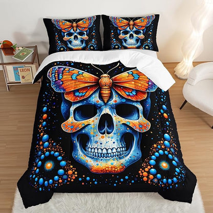 Gothic Skull Comforter Set Queen Size,Blue Orange Granular Ball Butterfly Printed Bedding Comforter Sets,Halloween Horror Themed Comforter Set for Kids,Gothic Bedding Sets with 2 Pillowcases.