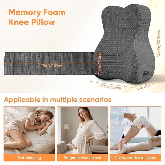Knee Pillow for Side Sleepers, Leg Pillow for Side Sleeping, Sciatica Pain Relief Pillow, Hip Pillow with Ergonomic Memory Foam – Large Gray Cushion for Thigh, Knee, Back & Leg Support