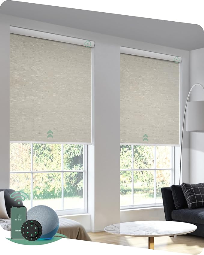 Yoolax Motorized Blinds with Remote, Blackout Smart Blinds for Indoor Windows, Automatic Shades Compatible with Alexa Roller Window Shades with Valance (Jacquard Coffee, 58" W x 72" H)