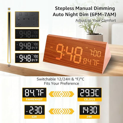 OhM-ega Wooden Digital Alarm Clock, Electric Clocks with Dual USB Port, Large Numbers, Temperature Display, Brightness Dimmer, Sound-Activated Display, Snooze, 12/24H, Brown