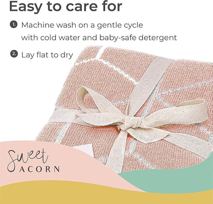 Knit Baby Blanket in Geometric Pattern, Organic Cotton Blankets for Crib or Stroller, Receiving Blankets - Dahlia Pink