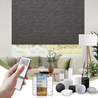 FineTell Motorized Blinds with Remote, 100% Blackout Roller Shades Compatible with Alexa,Apple Homekit,Google Home APP and Voice Control, Customized Electric Blinds (100% Blackout Classic Shadow)