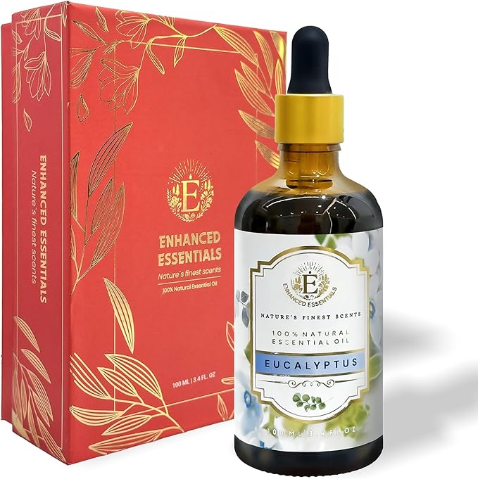 Luxurious Eucalyptus Essential Oil by Enhanced Essentials|Highly Concentrated,Organic & Slow Distilled Oils for Home,Diffusers,Bath,Gifting,Soap & Candle Making|Ideal for Business| 3.38 fl oz (100 ml)