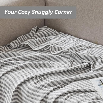 EMME Cotton Muslin Large Throw Blanket Couch Breathable Gauze Soft Lightweight Bed Blankets Adults (Striped Grey, 50"x70")