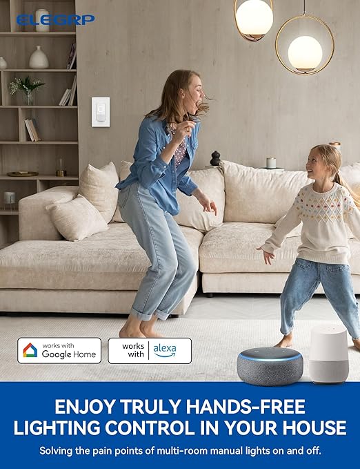 ELEGRP Smart Motion Sensor Switch, 2.4GHz Wi-Fi 3 Way Light Switch Compatible with Alexa & Google Assistant, APP Remote Control, Neutral Wire Required, UL Certified, No Hub Required (White, 4 Pack)