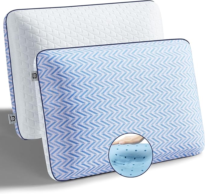 Gel Memory Foam Pillows Standard Size Set of 2, Medium Firm Orthopedic Pillow for Neck, Shoulder Pain Relief, Cooling Support for Side, Back, Stomach Sleepers, Breathable Washable Cover