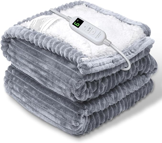 Electric Heated Blanket Throw, Heating Blanket Throw with 4 Timer Settings & 6 Heat Settings, Best Winter Gifts for Men and Women, White Elephant Gifts for Adults (50x60 Inch, Grey)