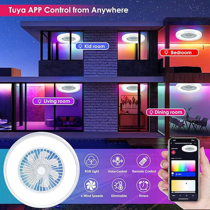 24" Bladeless Ceiling Fan with RGB Light Remote, Smart LED Ceiling Fans with Voice/App Control, Modern Low Profile Dimmable Light Ceiling Fan for Bedroom Living Room