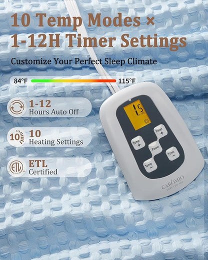 CAROMIO Heated Blanket Twin Size, Waffle Weave Electric Throw Blanket Fast Heating with LCD Controller, 10 Heat Levels & 1-12H Time Settings Auto Off, ETL Certified, Light Blue, 62" x 84"