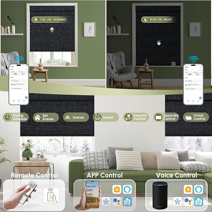 FineTell Motorized Blinds with Remote, 100% Blackout Roller Shades Compatible with Alexa,Apple Homekit,Google Home APP and Voice Control, Customized Electric Blinds (100% Blackout Eclipse Onyx Black)