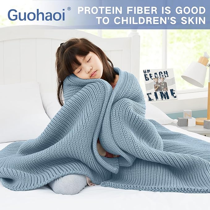 Guohaoi Knitted Weighted Blanket for Adults (Haze Blue 50"x75" 12lbs) No Beads Cooling Throw Blanket for Hot Sleepers, Home Decor Breathable Chunky Knit Heavy Blanket Use on Full Size Bed