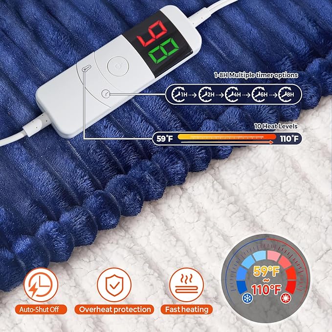Bafode Electric Blanket Twin, 62"x84" Heated Blanket, Over-Heat Protection, 10 Heating Levels 5 Time Settings, Auto-Off, Flannel & Sherpa Blanket Fast Heating, ETL Certification, Machine Washable