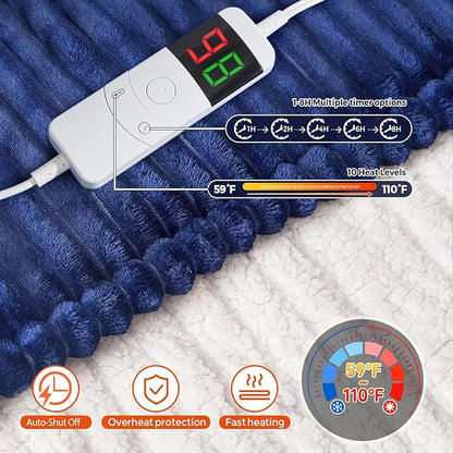 Bafode Electric Blanket Twin, 62"x84" Heated Blanket, Over-Heat Protection, 10 Heating Levels 5 Time Settings, Auto-Off, Flannel & Sherpa Blanket Fast Heating, ETL Certification, Machine Washable