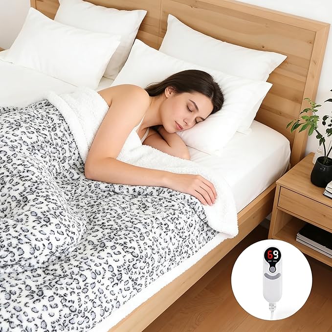Electric Heated Blanket Full Size 72"x84", Ultra-Soft Plush with Overheat Protection, 9 Adjustable Heat Settings & 10-Hour Auto-Off Timer, Fast Heating for Winter Comfort, Blue White Leopard Print