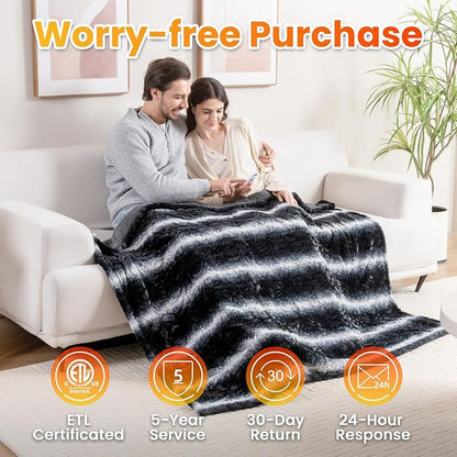 WOOMER Heated Blanket Throw 50" x 60", Electric Blanket Throw with 4 Heating Levels & 4H Auto Off, ETL Certified, Black Grey Flowers Patterns Faux Fur & Sherpa, Machine Washable