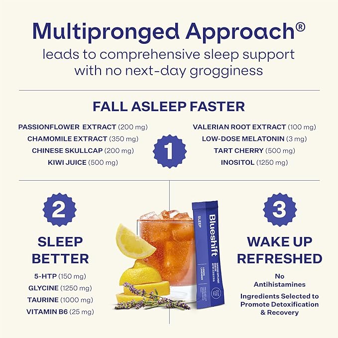 Blueshift Sleep Aid Powder for Adults – Lemon Lavender | 3 mg Melatonin, 5‑HTP, Taurine & Glycine | Stick‑Pack Drink Mix – Zero Sugar, 5 Cal | Deep REM & Next‑Day Refresh | Sleep 10 ct