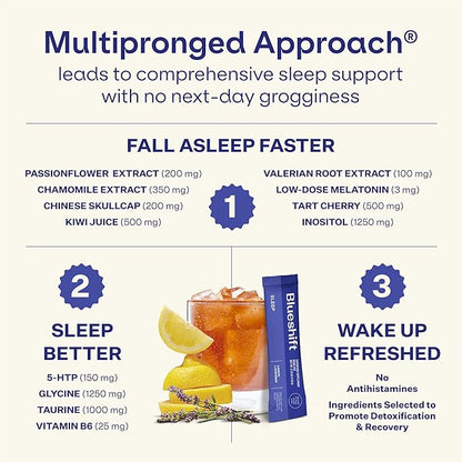 Blueshift Sleep Aid Powder for Adults – Lemon Lavender | 3 mg Melatonin, 5‑HTP, Taurine & Glycine | Stick‑Pack Drink Mix – Zero Sugar, 5 Cal | Deep REM & Next‑Day Refresh | Sleep 10 ct