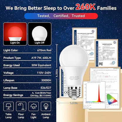 Neporal 7W 670nm Red Light Bulbs for Sleep - 100% Blue Light Blocking Bulbs for Melatonin Promote, A19 50W Equivalent Dim LED Red Light Bulb for Lamps, Bedroom Sleeping, Reading, Baby Nursery, 3-Pack