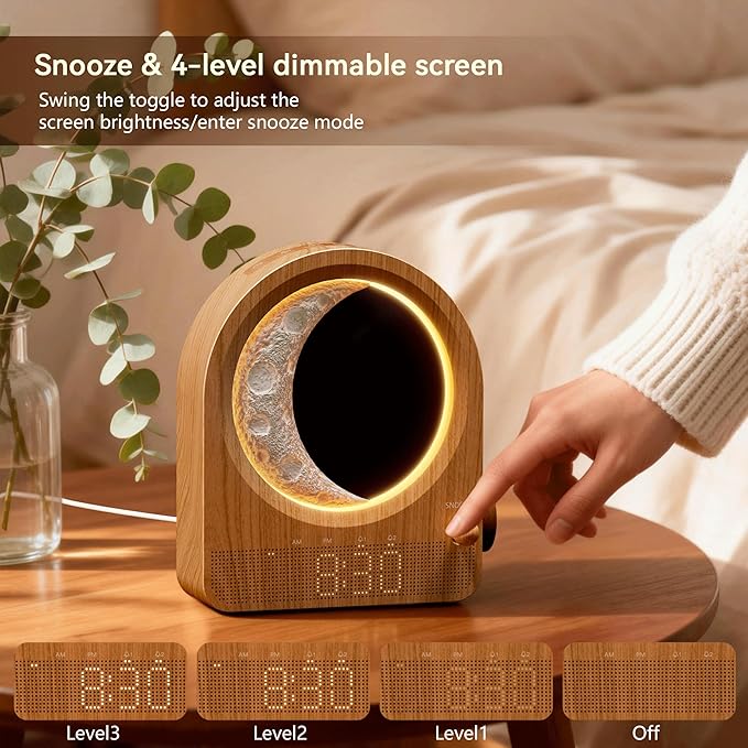 Sunrise Alarm Clocks with Dimmable Moon Lamp, 2 Alarm Clocks with 12Levels Volume for Heavy Sleepers, 10 Natural Sounds with 30/60/90mins Timer for Bedrooms, Gifts for Women (Brown Woodgrain)
