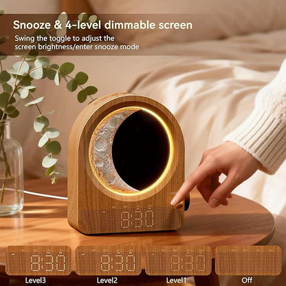 Sunrise Alarm Clocks with Dimmable Moon Lamp, 2 Alarm Clocks with 12Levels Volume for Heavy Sleepers, 10 Natural Sounds with 30/60/90mins Timer for Bedrooms, Gifts for Women (Brown Woodgrain)