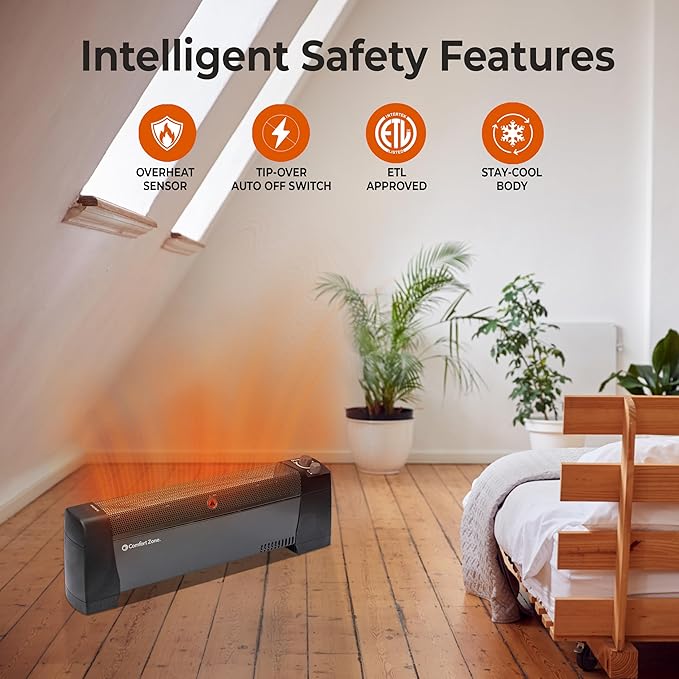 Comfort Zone 1500W Convection Baseboard Heater – Silent Portable Electric Space Heater with Adjustable Thermostat, 2 Heat Settings & Safety Tip-Over Switch – Black