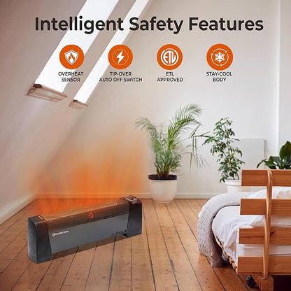 Comfort Zone 1500W Convection Baseboard Heater – Silent Portable Electric Space Heater with Adjustable Thermostat, 2 Heat Settings & Safety Tip-Over Switch – Black