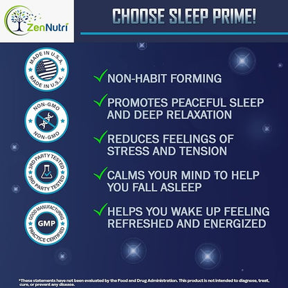 Sleep Prime Vegan Natural Sleep Aid for Adult Extra Strength - Deep Sleep Supplement - Herbal Sleeping Pill - Stress Relief - Melatonin, GABA - 60 Veggie caps