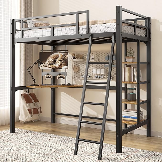 Loft Bed Twin Size, Bunk Bed with Desk, Shelves and Monitor Stand, Heavy Duty Metal Twin Loft Bed with Charging Station, Safety Guard & Ladder, Space-Saving, No Box Spring Needed
