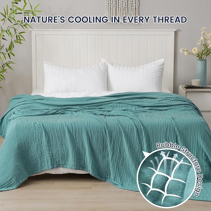 PHF Cooling Muslin Twin Blanket for Hot Sleepers, 60% Viscose from Bamboo, 40% Cotton and 4-Layer Breathable Gauze Blanket for Bed Couch, 66"x90", Teal Blue