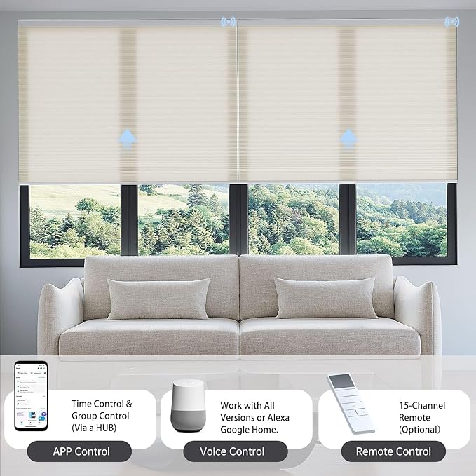 Motorized Cellular Shades with Remote, Light Filtering Smart Cellular Shades Compatible with Alexa, Honeycomb Window Blinds for Bedroom Home Office, Custom Size, Half Shading Soft Pearl