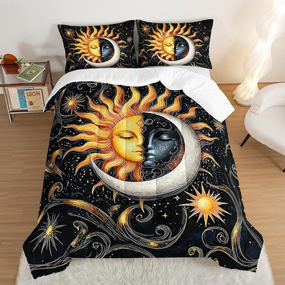 Sun and Moon Bedding Set Twin Size,Yellow Galaxy Celestial Bedding for Kids Boys Girls Teens Room Boho Decor,Black and Yellow Fluffy Comforter Sets with 2 Pillowcases.