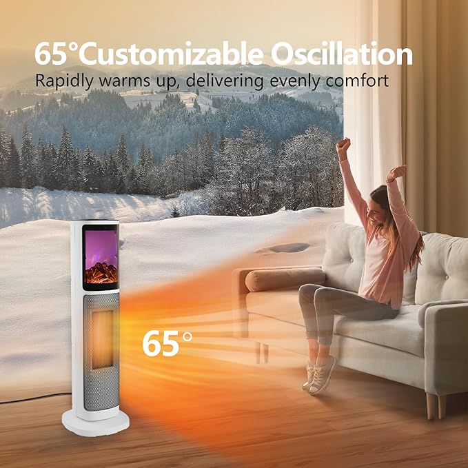 750W/1500W Ceramic Tower Space Heater with 3D Flame, Electric Heater with 65° Oscillation, Adjustable Thermostat and Remote Control, 12H Timer, Overheat Protection for Bedroom Office