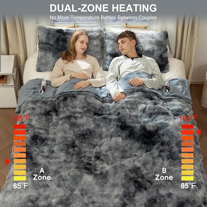 Faux Fur Heated Blanket Queen Size 84"X90" - Bubble Faux Fur Electric Blanket Fluffy Soft Fuzzy with 6 Fast Heating Levels & 10 hrs Timer Settings, Washable & ETL Certified for Bed, Tie-Dye Blue