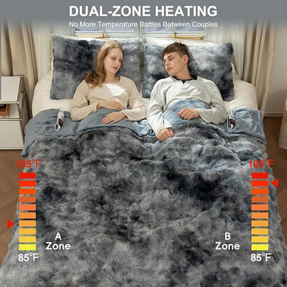 Faux Fur Heated Blanket Queen Size 84"X90" - Bubble Faux Fur Electric Blanket Fluffy Soft Fuzzy with 6 Fast Heating Levels & 10 hrs Timer Settings, Washable & ETL Certified for Bed, Tie-Dye Blue